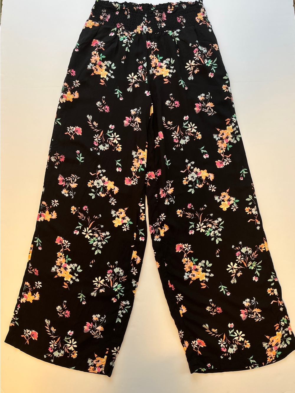 No Boundaries Black Floral Wide-Leg Pants with Pink Yellow Mint Accents M (7-9)